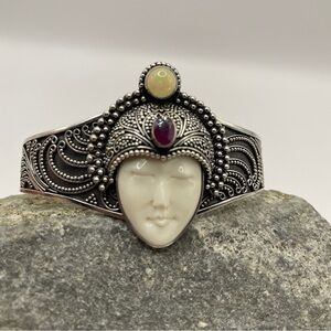 Bali Carved Goddess Opal Chrome Diopside 925 Sterling Silver Cuff Bracelet 7"